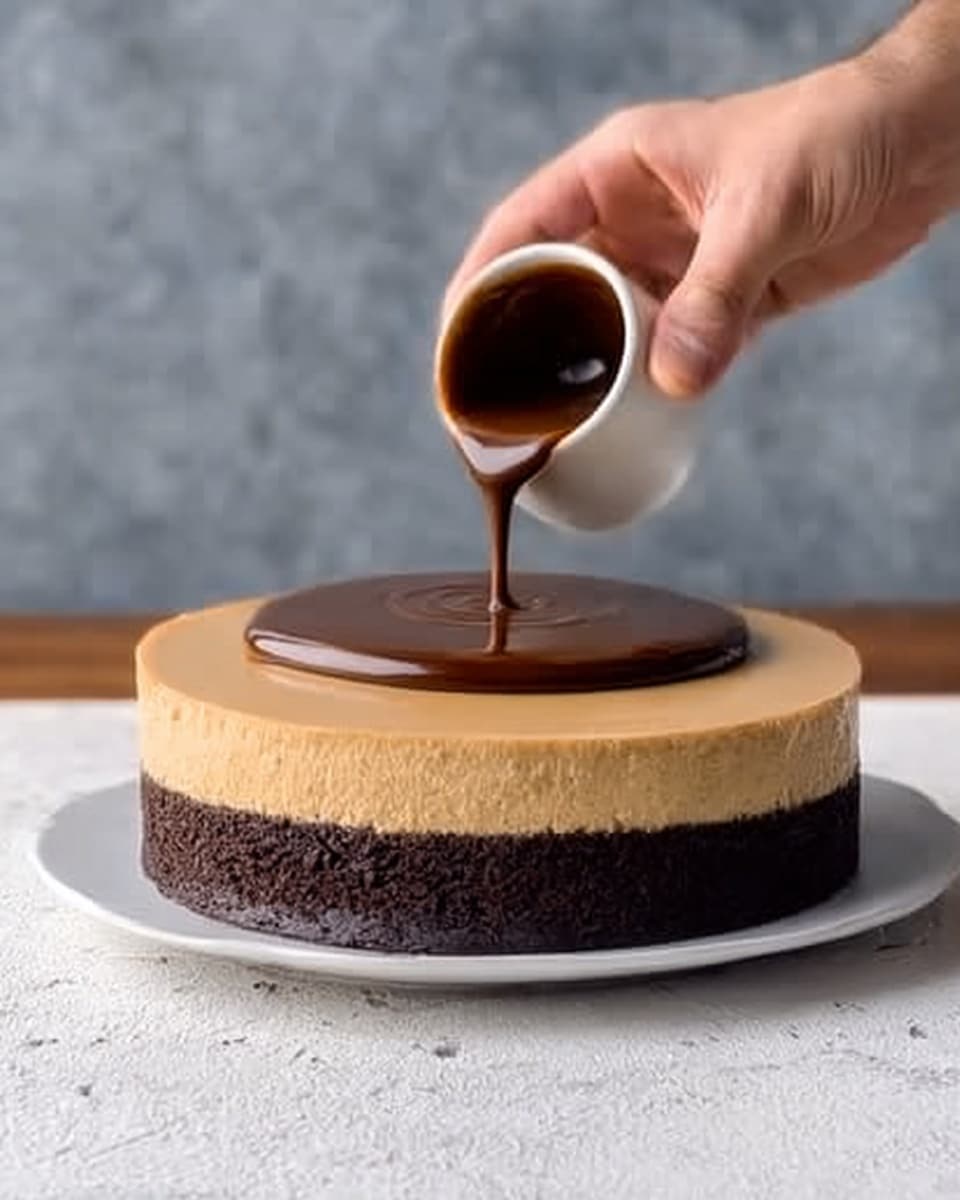 A round cake with three main layers sits on a white plate against a white marbled surface. The bottom layer is a thick, dark brown, almost black, dense-looking cake. Above it is a smooth, tan-colored layer, even in thickness, covering the entire cake. On top, a woman's hand is pouring a dark brown liquid topping from a small white bowl, creating a glossy round layer in the middle of the tan layer, with some of the liquid starting to spread outwards. The background is soft grey. photo taken with an iphone --ar 4:5 --v 7