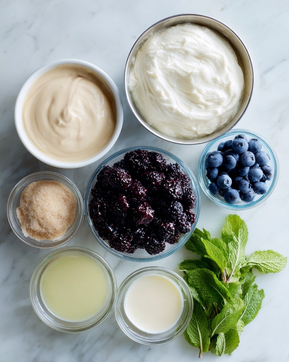 The image shows six small bowls and a bundle of fresh mint leaves arranged on a white marbled surface. At the top center is a metal bowl filled with a thick, white creamy substance. To the left of this bowl is a white bowl with a smooth beige sauce. Below, there is a glass bowl filled with a mix of dark purple blackberries and blue blueberries. To the right of the berries is a small clear glass bowl with a light cream-colored liquid. Below the berries, at the bottom center, is another glass bowl containing a pale yellow liquid. To the left of this bowl is a small glass bowl with light brown sugar crystals. At the far left side, slightly above the bowls, is a flat stack of light brown folded dough wrapped partially in plastic. The bright green mint leaves rest at the bottom right of the arrangement. The whole setting is clean and bright. Photo taken with an iphone --ar 4:5 --v 7