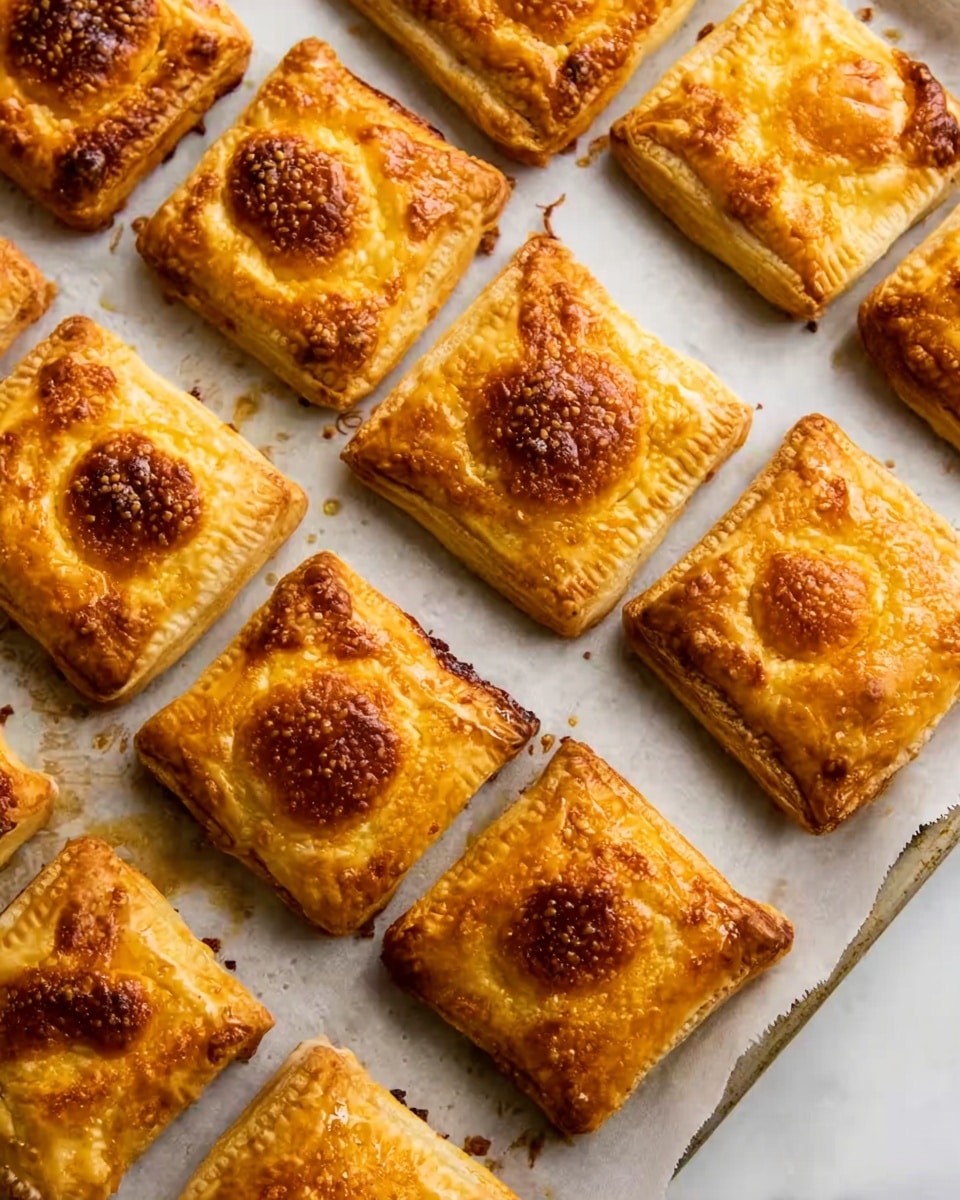 The image shows a tray of golden brown square pastries arranged neatly in rows on white parchment paper over a baking sheet. Each pastry has a flaky, textured top layer with a slightly puffed center that is darker golden and appears crisp. The edges are well baked with some darker spots of caramelized crispiness. The background surface is white marbled, adding a clean and bright feel to the photo. Photo taken with an iphone --ar 4:5 --v 7