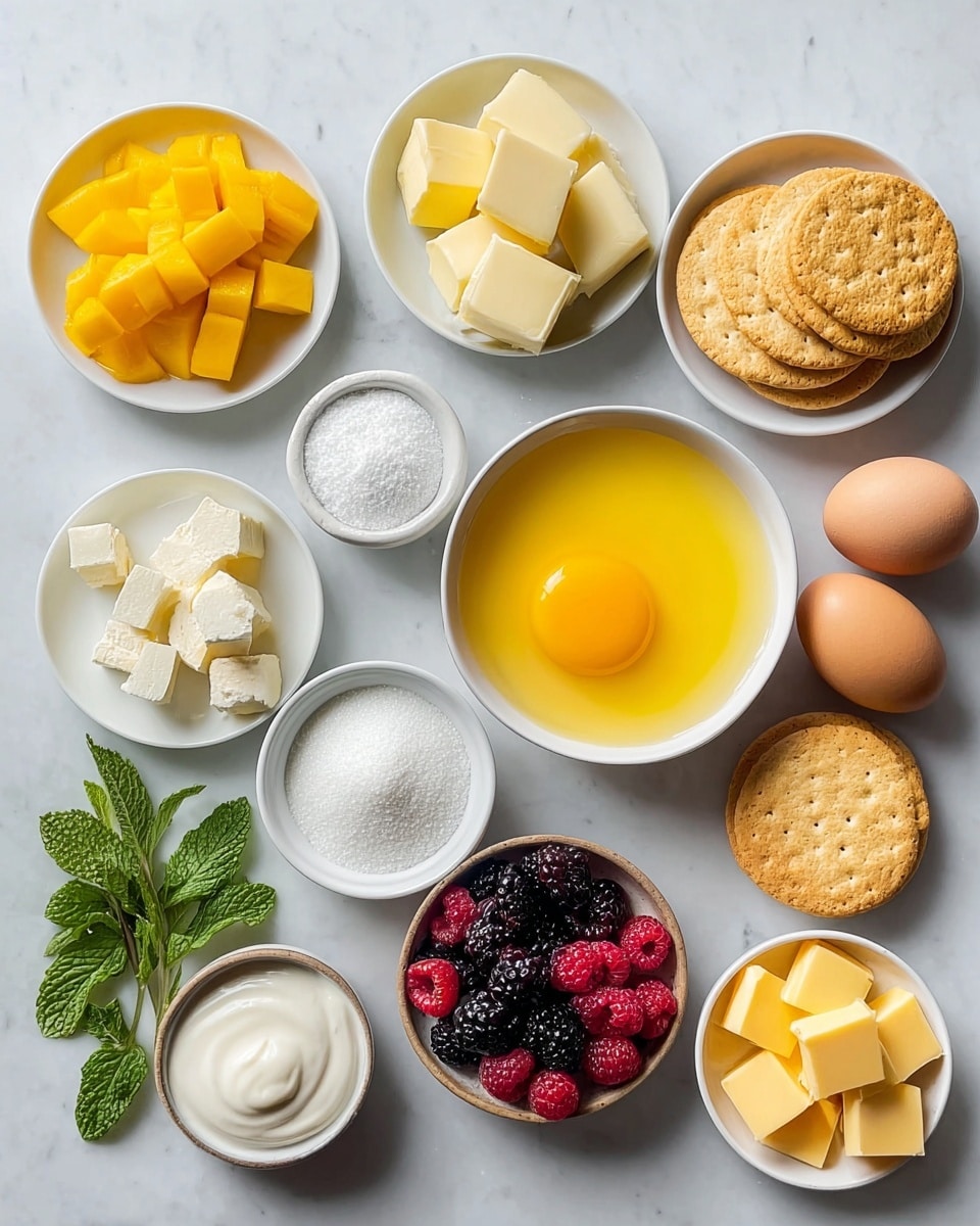 The image shows various ingredients neatly arranged on a white marbled surface. There are nine round white plates or bowls containing different items: in the top left, bright yellow mango chunks; next to it, pale yellow butter cubes; below, a large bowl with smooth yellow egg yolk; a smaller bowl with white granulated sugar; another with small butter cubes; a tiny bowl with white salt; a slightly larger bowl with thick white cream; dark mixed berries in a brown bowl (blackberries and raspberries); and some squares of yellow cheese in the bottom right. Nearby, three round crackers are stacked, and two brown eggs are placed beside them. A bunch of fresh green mint leaves lies on the left side. photo taken with an iphone --ar 4:5 --v 7