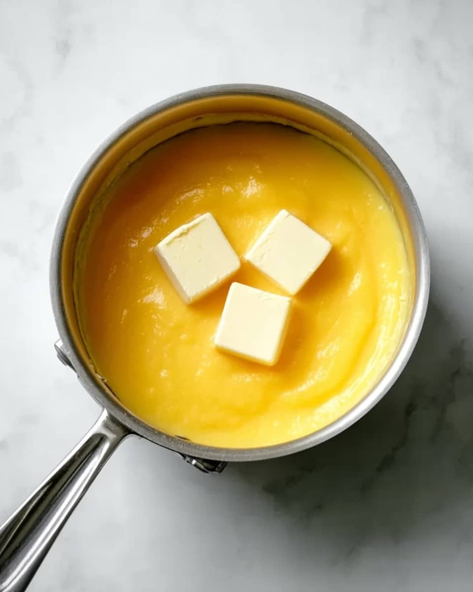 A small metal pot filled with smooth, bright yellow custard and three small square pieces of butter on top, sitting on a white marbled surface, the custard looks creamy and thick, the butter is melting slightly into it, the pot handle is silver and angled to one side, photo taken with an iphone --ar 4:5 --v 7