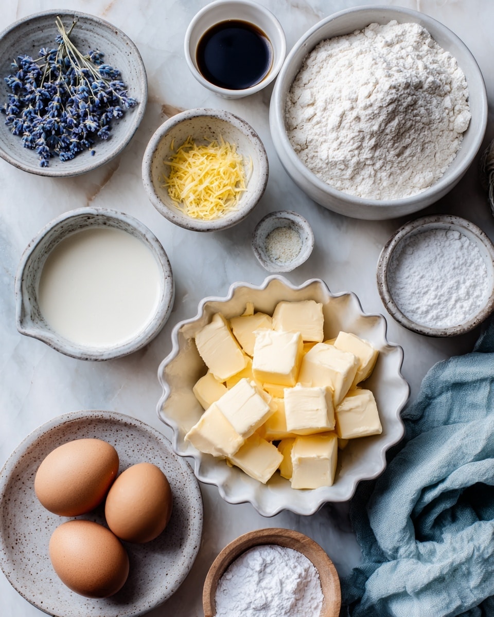 The image shows a white marbled surface with several bowls and plates arranged neatly. There are nine containers visible: a white scalloped bowl in the center holds many pale yellow butter cubes; a large white bowl on the right filled with white flour; a round white bowl with white granulated sugar near the upper right; a small white bowl with dark liquid positioned above the sugar; a medium white bowl on the right side partially filled with milk; a small white bowl with yellow lemon zest near the middle left; a tiny white bowl with small blue dried flowers; a shallow wooden bowl with white powder near the bottom; and a round gray plate at the bottom left holding two brown eggs and one white egg. A woman's hand is touching the edge of the flour bowl, and a light blue cloth is partially visible on the right side. Photo taken with an iphone --ar 4:5 --v 7