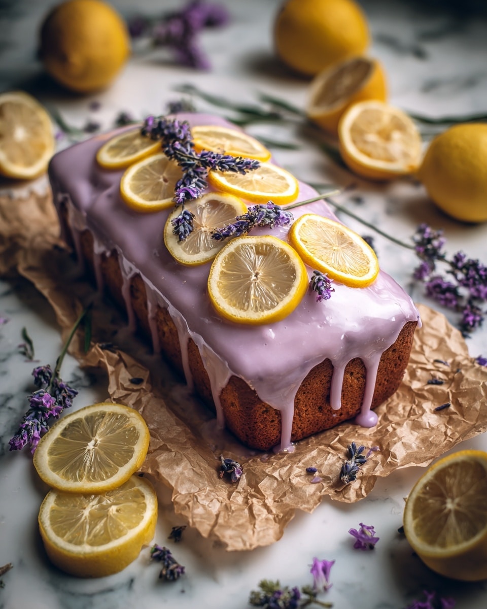 A rectangular cake sits on crumpled brown paper on a white marbled surface, covered with a thick, smooth layer of light purple glaze that slightly drips over the edges. On top of the glaze are several thin lemon slices arranged mostly in the center, some whole rounds and some cut into halves or quarters. Small sprigs of purple lavender flowers are scattered between and on top of the lemon slices, adding texture and color contrast. Around the cake are more lemon slices and whole lemons, along with a few loose lavender flowers. photo taken with an iphone --ar 4:5 --v 7
