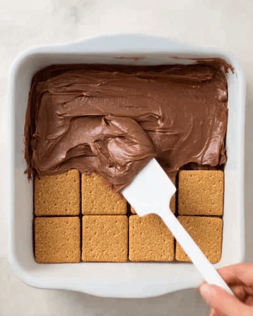 A white rectangular dish filled with square graham crackers neatly arranged in rows on the right half, while the left half is covered with thick, smooth chocolate frosting being spread by a white spatula held by a woman's hand. The chocolate frosting layer is rich and creamy with a glossy texture, partially covering the graham crackers beneath. The dish rests on a white marbled surface. photo taken with an iphone --ar 4:5 --v 7