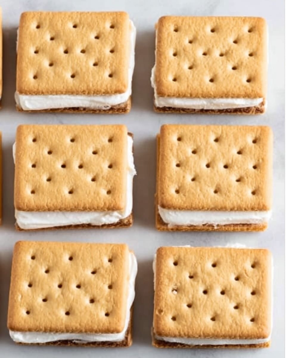 The image shows a close-up view of six square sandwich cookies arranged in two rows on a white marbled surface. Each cookie has two light golden-brown crackers with small holes evenly spaced across their surface, sandwiching a layer of white cream filling. The cream looks smooth and evenly spread between the crackers, and the edges of the cookies are clean and straight. The overall look is neat and orderly, with a soft contrast between the golden crackers and the white cream. Photo taken with an iphone --ar 4:5 --v 7