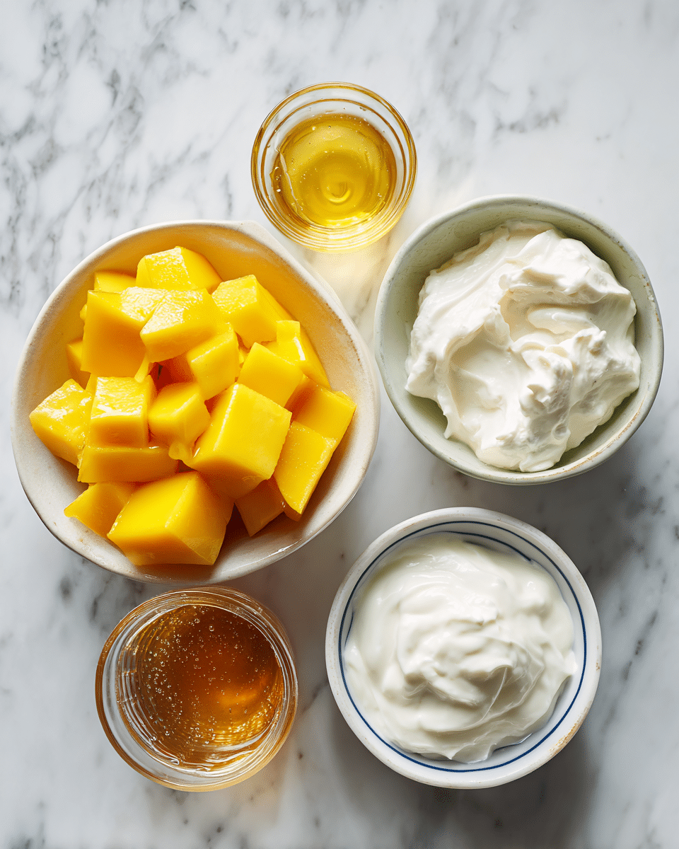 Top-down professional food photography flat lay style, bright white marble countertop, neatly arranged, evenly spaced, tidy, clean organized layout, include: bowl of frozen mango chunks, small glass cup of honey, small bowl of plain yogurt, bright soft natural lighting, sharp focus, high detail textures, realistic reflections, professional DSLR look, 4K, no finished dish, no cooked food, no hands, no text, no watermark, no brand logos --ar 4:5 --v 7