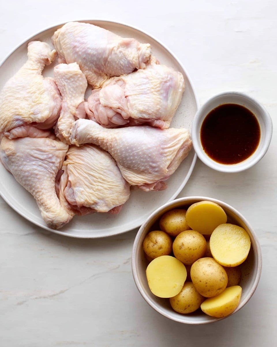 A white plate holds six raw chicken pieces with pale pink skin and some visible texture. To the right, a white bowl is filled with yellow potatoes that are cut in halves, showing smooth, moist inner surfaces. Below the bowl, a small white bowl contains dark brown liquid sauce with a slightly glossy surface. All items rest on a white marbled background. Photo taken with an iphone --ar 4:5 --v 7