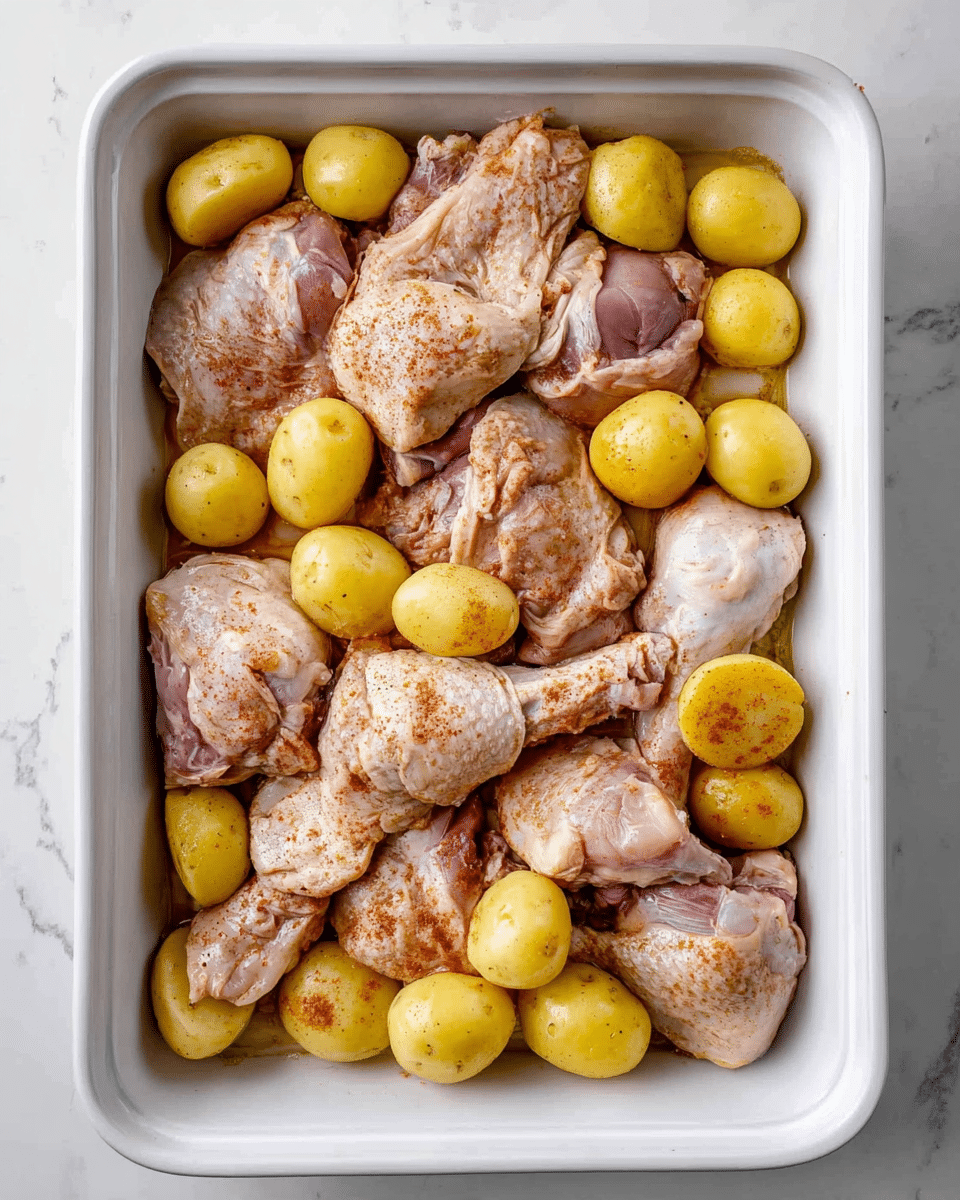 A white rectangular baking dish holds a mix of raw chicken pieces and small halved yellow potatoes. The chicken pieces are spread evenly, showing varied skin textures with some light seasoning in shades of brown and red. The yellow potatoes are scattered between the chicken, with smooth skin and soft matte surfaces. The dish sits on a white marbled surface with faint gray veins. photo taken with an iphone --ar 4:5 --v 7