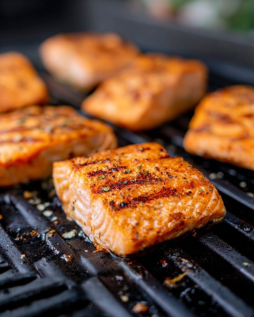 The image shows several pieces of grilled salmon on a black grill. Each salmon piece has a golden-orange color with grill marks and a slightly crispy texture on the surface. The salmon pieces are arranged unevenly, some closer to the front and some blurred in the background. The grill bars are visible beneath the salmon, and small bits of cooked seasoning are scattered around. The overall look is warm and appetizing, with the focus on the closest piece of salmon that shows a well-cooked, seasoned surface photo taken with an iphone --ar 4:5 --v 7