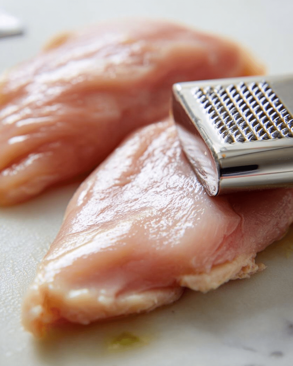 The image shows two raw light pink chicken fillets lying flat on a white marbled surface. A shiny metal meat tenderizer is positioned on top of the nearer fillet, pressing down on its smooth, slightly wet surface with the textured flat side visible. The chicken fillets have smooth edges, with one being gently stretched as the tenderizer presses down. The focus is on the fillets and tenderizer, with parts of green and brown blurred in the soft background. Photo taken with an iphone --ar 4:5 --v 7