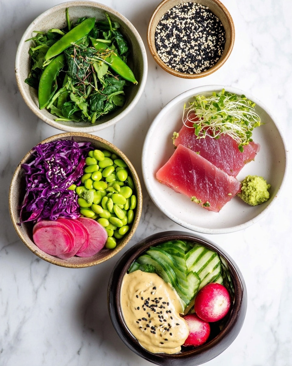The image shows five bowls arranged on a white marbled surface. One white bowl is filled with a dark pink raw tuna slice on the right side, topped with a small green dollop of wasabi, some light beige pickled ginger, and green sprouts on the upper end. Another white bowl has a fresh green mix of leafy spinach, arugula, and whole snap peas. A third white bowl holds a colorful mix of sliced avocado with the pit in it, bright purple shredded cabbage, green edamame beans, sliced light green cucumber, thinly sliced radish, and three whole red radishes. A brown bowl contains a creamy beige sauce topped with black sesame seeds. The last bowl is dark and filled with a mix of black and white sesame seeds. The scene captures a clean, fresh food layout, photo taken with an iphone --ar 4:5 --v 7
