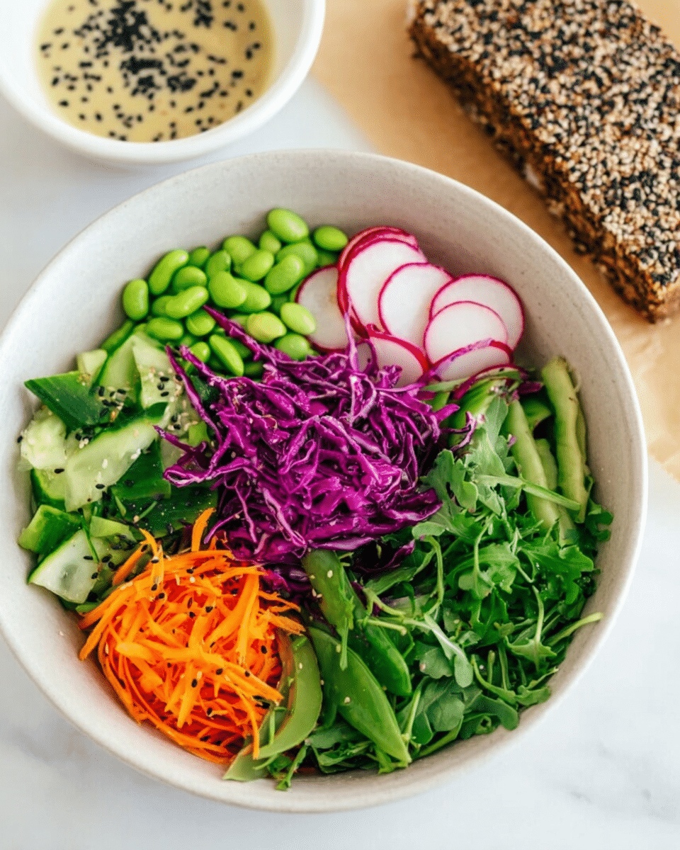 A white bowl sits on a white marbled surface, filled with fresh, colorful vegetables arranged in neat sections. From the top moving clockwise, there are thin round slices of pale pink radish, bright green leafy herb, shredded purple cabbage, thin diagonal slices of cucumber, vibrant green edamame beans, thin orange carrot strips, snap peas, and a pile of assorted green leafy vegetables including arugula and spinach in the center. In the background, a woman’s hand holds a white bowl with light beige creamy dressing sprinkled with black seeds, and a rectangular sesame-crusted block rests on brown parchment paper. Photo taken with an iphone --ar 4:5 --v 7