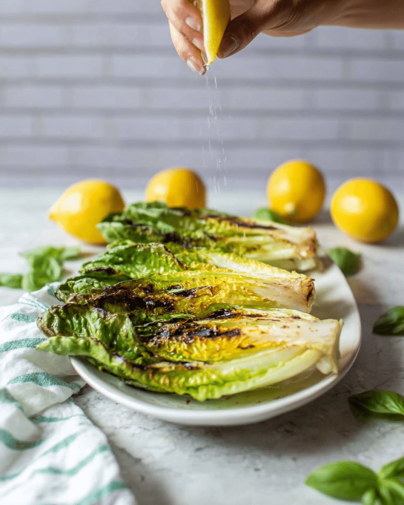 Grilled Romaine Salad with Cherry Tomatoes, Olives, and Fresh Basil Recipe