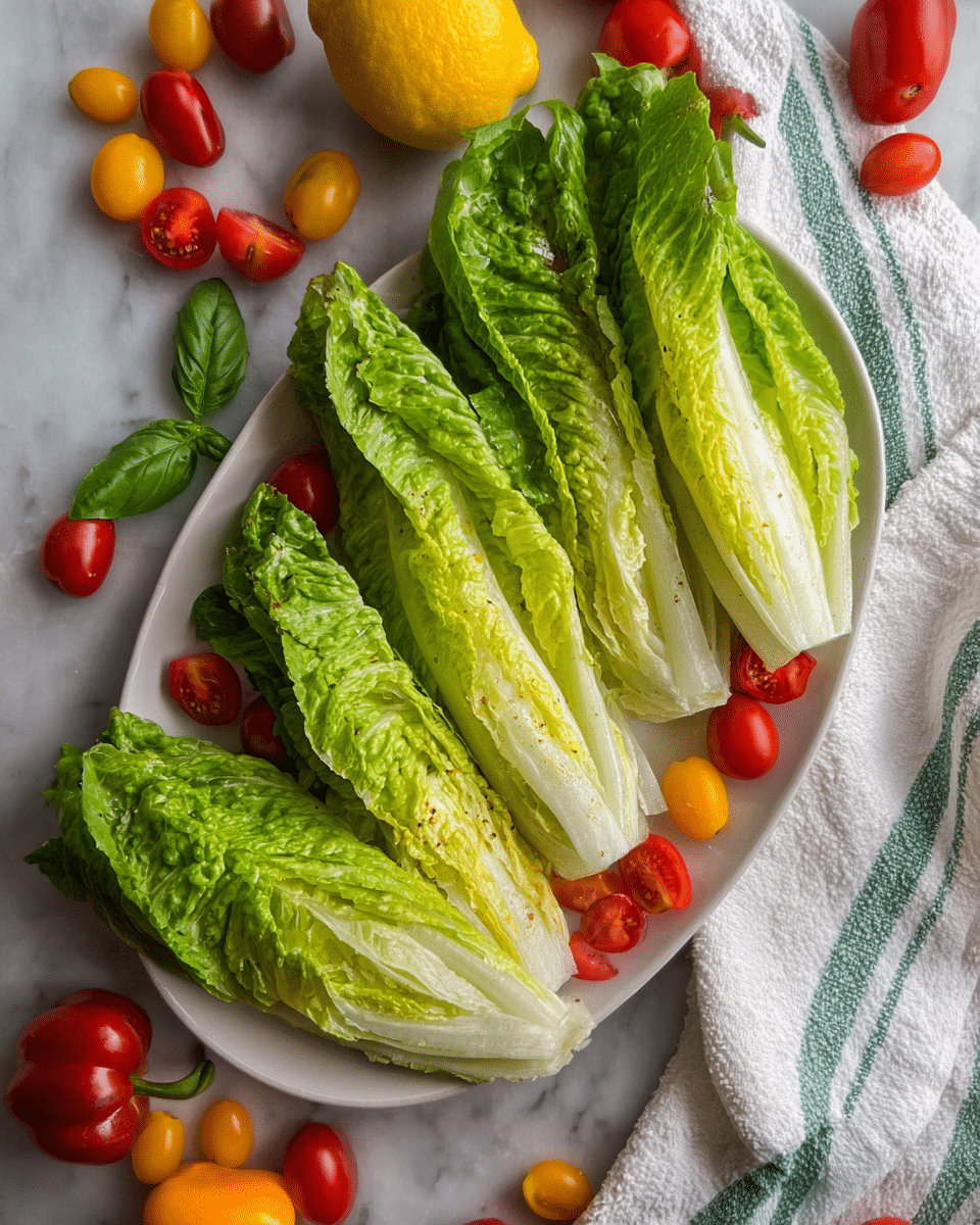 A white oval plate holds four large romaine lettuce halves arranged side by side, each cut lengthwise to show layers of bright green leaves with crisp textures and pale yellow centers. The plate rests on a white kitchen towel with green stripes, placed on a white marbled surface. Around the plate are scattered vibrant red cherry tomatoes, yellow and red mini bell peppers, a whole lemon, and a few basil leaves, adding pops of red, yellow, and green to the scene. The overall look is fresh and colorful, highlighting the natural textures and colors of the raw vegetables. photo taken with an iphone --ar 4:5 --v 7