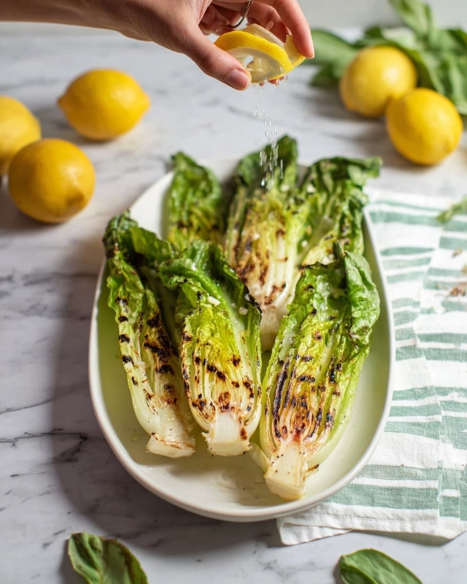 Four grilled romaine lettuce halves are placed closely on a white oval plate, showing charred brown grill marks on their green and light yellow leaves, with the base of the lettuce a pale pinkish-white. Above the plate, a woman's hand is squeezing half a lemon, and lemon juice droplets are seen falling. The plate rests on a white marbled surface with a white and green striped cloth nearby, and whole lemons and scattered green leaves are visible in the blurred background. Photo taken with an iphone --ar 4:5 --v 7