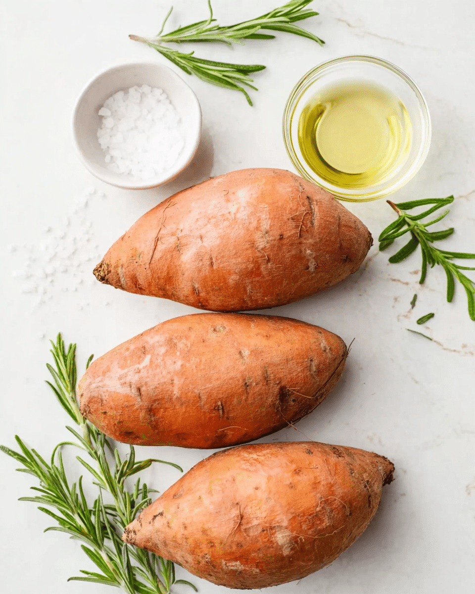 The image shows three whole sweet potatoes with rough orange skin arranged on a white marbled surface, spaced apart in a triangular shape. Above the sweet potatoes, there is a small white bowl with coarse salt placed next to a small clear glass bowl containing pale yellow oil. Sprigs of green rosemary lie around the sweet potatoes on the white marbled background. The scene is bright with soft natural light. photo taken with an iphone --ar 4:5 --v 7