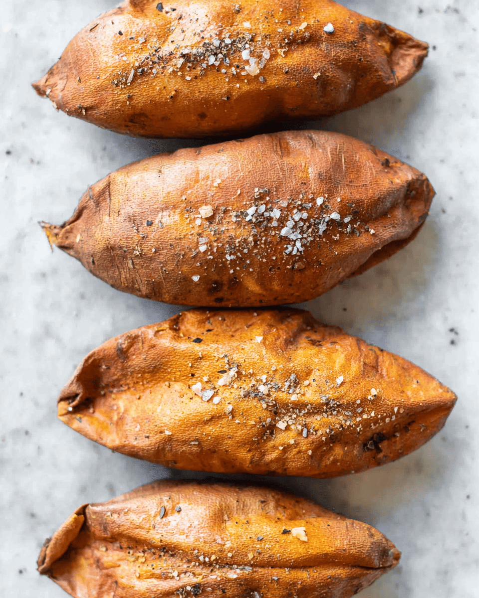 The image shows four baked sweet potatoes lying close together on a white marbled surface. Each sweet potato has a rough, textured skin with a golden brown to deep orange color. The skin is sprinkled with coarse sea salt and some black pepper specks, adding a slight contrast. The sweet potatoes are placed in a vertical line, filling the frame, with slightly wrinkled and cracked skins showing their roasted texture. photo taken with an iphone --ar 4:5 --v 7