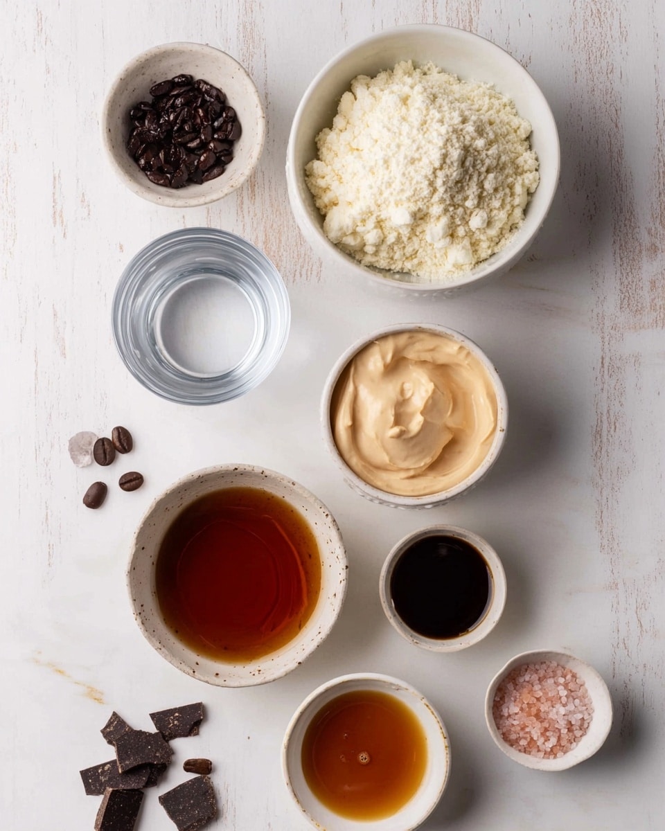 A top view of seven small white bowls placed on a white marbled surface, each filled with different ingredients. In the center top, there is a bowl filled with finely crumbled white powder. To the right, a bowl contains a smooth, light beige creamy substance. Below this, a bowl holds dark amber syrup. To the left of that, a bowl has clear water, and next to it is a bowl with a thick, dark brown liquid. Above the water bowl is a bowl with coarse white salt and some pink grainy particles. At the bottom left, a bowl contains small dark brown dry pieces. Scattered around the bowls are a few dark brown coffee beans. Photo taken with an iphone --ar 4:5 --v 7