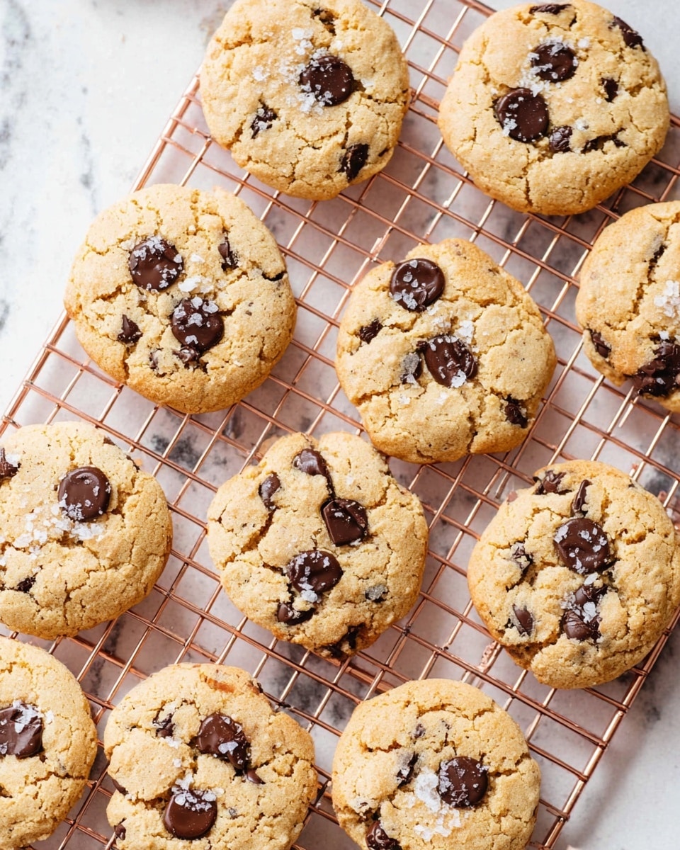A group of about thirteen round cookies with a light golden color and a slightly cracked surface is laid out on a rose gold cooling rack. Each cookie is studded with dark chocolate chips of varying sizes scattered evenly on top, with a few flakes of sea salt sprinkled across the cookies. Some cookies have small cracks revealing a soft inside. The cooling rack is placed over a white marbled surface. Photo taken with an iphone --ar 4:5 --v 7
