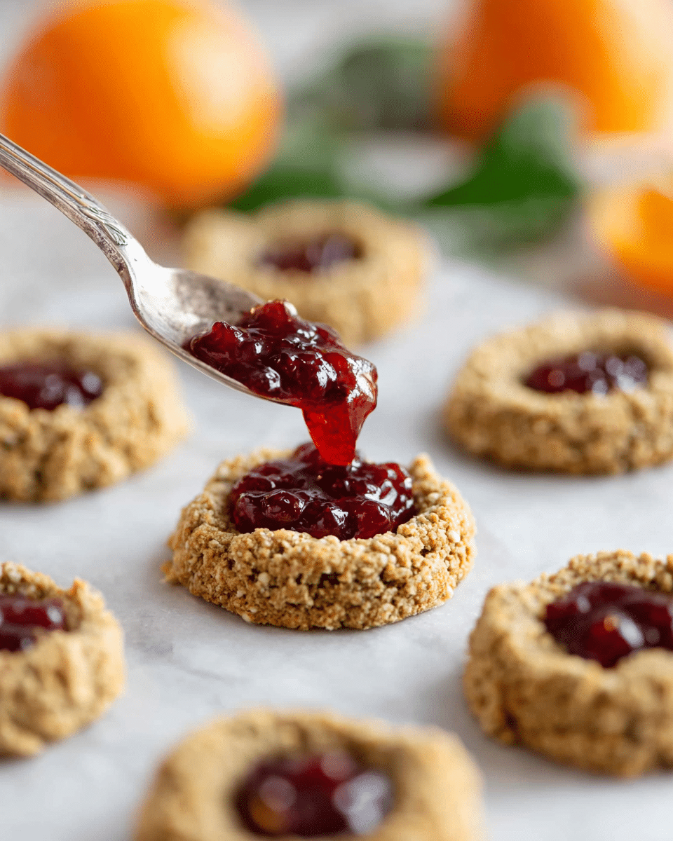 The image shows a close-up of small round cookies with a crumbly light brown oat texture arranged on white parchment paper on a white marbled surface. Each cookie has a small hollow in the center filled with glossy, deep red fruit jam with some whole fruit pieces visible. A silver spoon held by a woman's hand is gently dropping the shiny jam into one cookie center. In the blurred background, an orange fruit and green leaves can be seen. The overall scene looks bright and fresh, highlighting the textured cookies and vibrant red jam. Photo taken with an iphone --ar 4:5 --v 7
