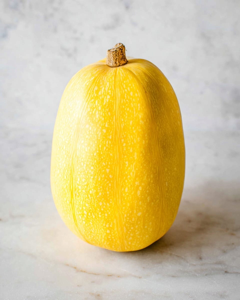 A single yellow spaghetti squash is shown whole with a slightly shiny, smooth texture and small dotted patterns on its surface. It has a light brown stem at the top, which looks rough and firm. The squash is placed on a white marbled surface that adds a clean and bright background. The squash is positioned vertically in the center of the image, and the light highlights its soft curves and gentle ridges. photo taken with an iphone --ar 4:5 --v 7
