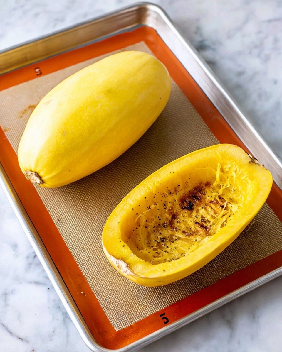 The image shows two uncooked spaghetti squashes placed on a baking tray lined with an orange-bordered mat, the squashes are yellow and smooth with a slightly shiny surface. Next to this, one spaghetti squash is sliced in half lengthwise and roasted, its inside flesh is soft and golden-yellow with some brown caramelized spots, and black pepper sprinkled on top, the squash skin remains bright yellow and slightly wrinkled. The baking tray has silver edges, and the background is a white marbled texture. photo taken with an iphone --ar 4:5 --v 7