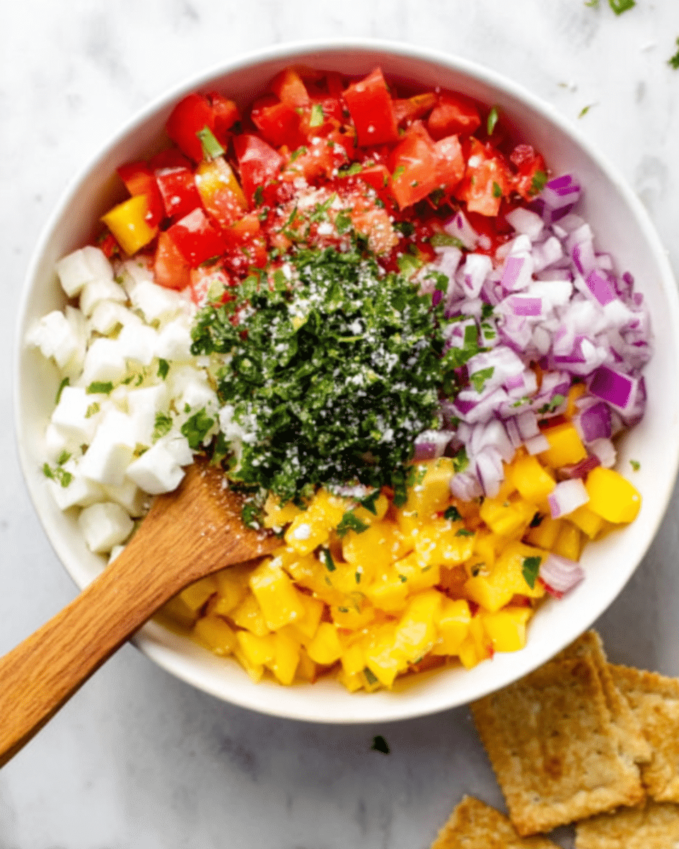 A white bowl with four different chopped ingredients arranged in separate sections: bright red tomatoes, yellow mango pieces, finely chopped red onions, and white cheese cubes. In the center, there is a pile of chopped green herbs sprinkled with white salt. A wooden spoon rests inside the bowl on the right side. A few crackers are placed near the bowl on a white marbled surface. Photo taken with an iphone --ar 4:5 --v 7