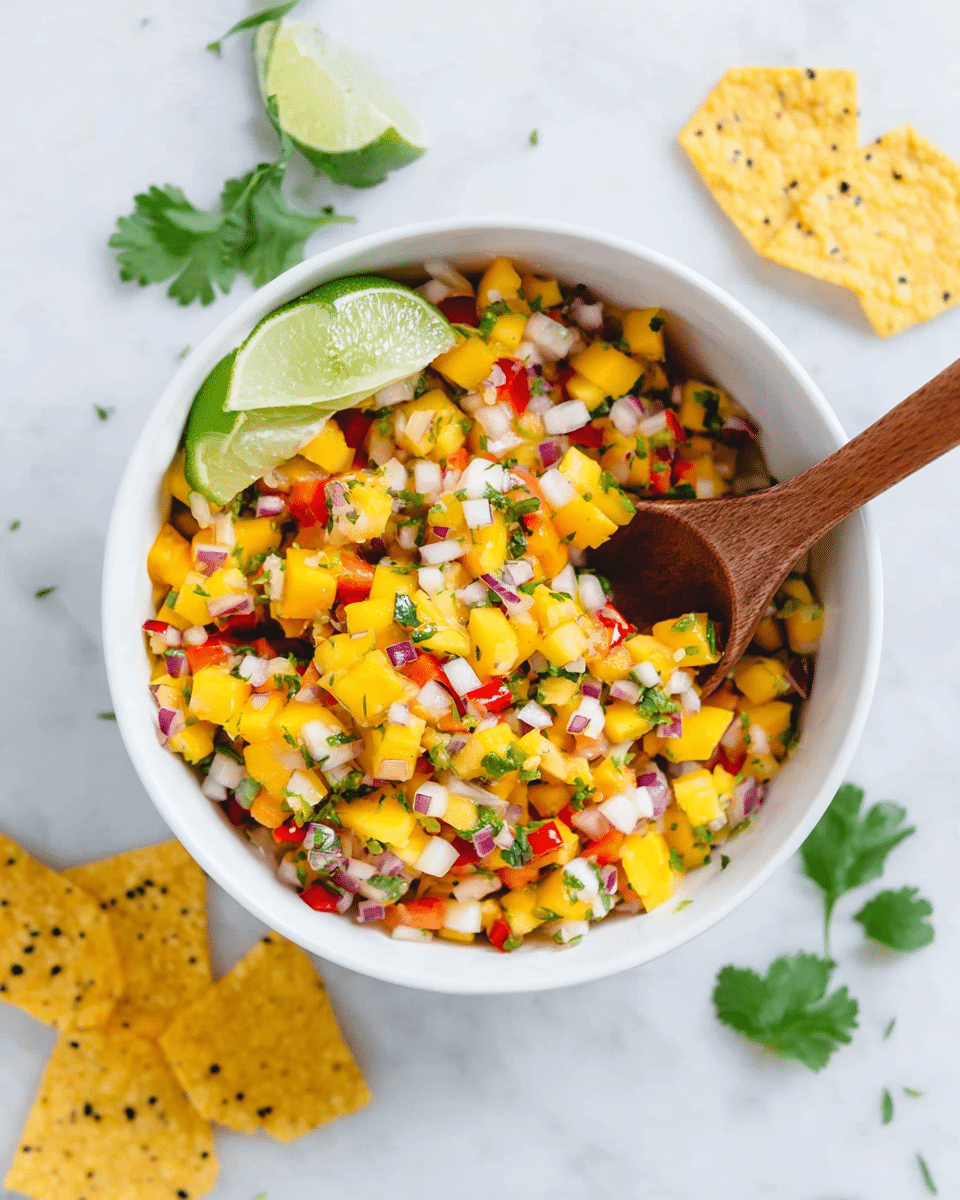 A white bowl filled with a colorful salsa made of finely diced yellow mango, white jicama, red bell pepper, and small bits of red onion, all mixed with chopped green cilantro. A wedge of lime rests on top in the bowl. A wooden spoon is partially submerged, scooping the salsa. Around the bowl on a white marbled surface are a few yellow round chips with black sesame seeds. Some scattered cilantro leaves and lime wedges add extra color around the setup. Photo taken with an iphone --ar 4:5 --v 7