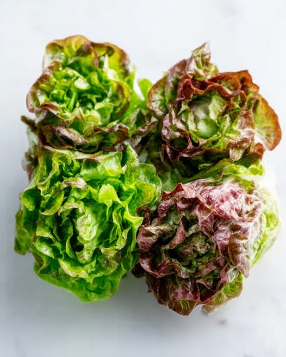 The image shows four small heads of lettuce placed together on a white marbled surface. Each lettuce head has curly leaves with a mix of green and reddish-brown colors, with the green color more towards the center and the edges showing some red tones. The texture looks fresh and crisp, with the leaves layered tightly around the center of each head. The lighting highlights the natural shine and veins on the leaves. photo taken with an iphone --ar 4:5 --v 7