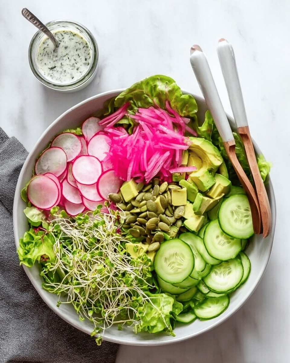 A large white bowl filled with fresh salad on a white marbled surface, showing several layers: the base layer consists of green baby lettuce leaves arranged around the bowl, topped with thinly sliced pink and white radishes on the left side, and sliced cucumber rounds neatly placed on the right. In the center, there are small piles of light green avocado cubes, pumpkin seeds, and pink pickled onions. At the bottom left, there is a bunch of green sprouts with their thin stems visible. A pair of wooden salad spoons with white handles rests on the top right edge of the bowl. Next to the bowl, on the upper left side of the image, there is a small glass cup filled with white dressing mixed with herbs, and a silver spoon stuck into it. photo taken with an iphone --ar 4:5 --v 7