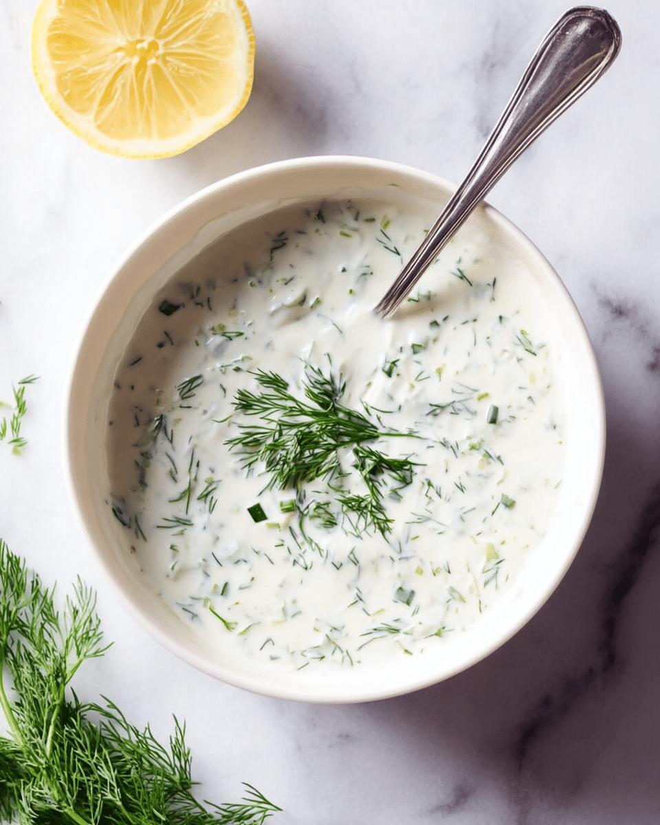 A white bowl filled with creamy white sauce that has small green dill pieces mixed in, topped with a few fresh dill sprigs. A silver spoon rests inside the bowl, with its handle pointing towards the top right. The bowl sits on a white marbled surface, next to a half-cut lemon on the top left and a small bunch of fresh dill on the bottom left. The lighting is bright and natural. photo taken with an iphone --ar 4:5 --v 7