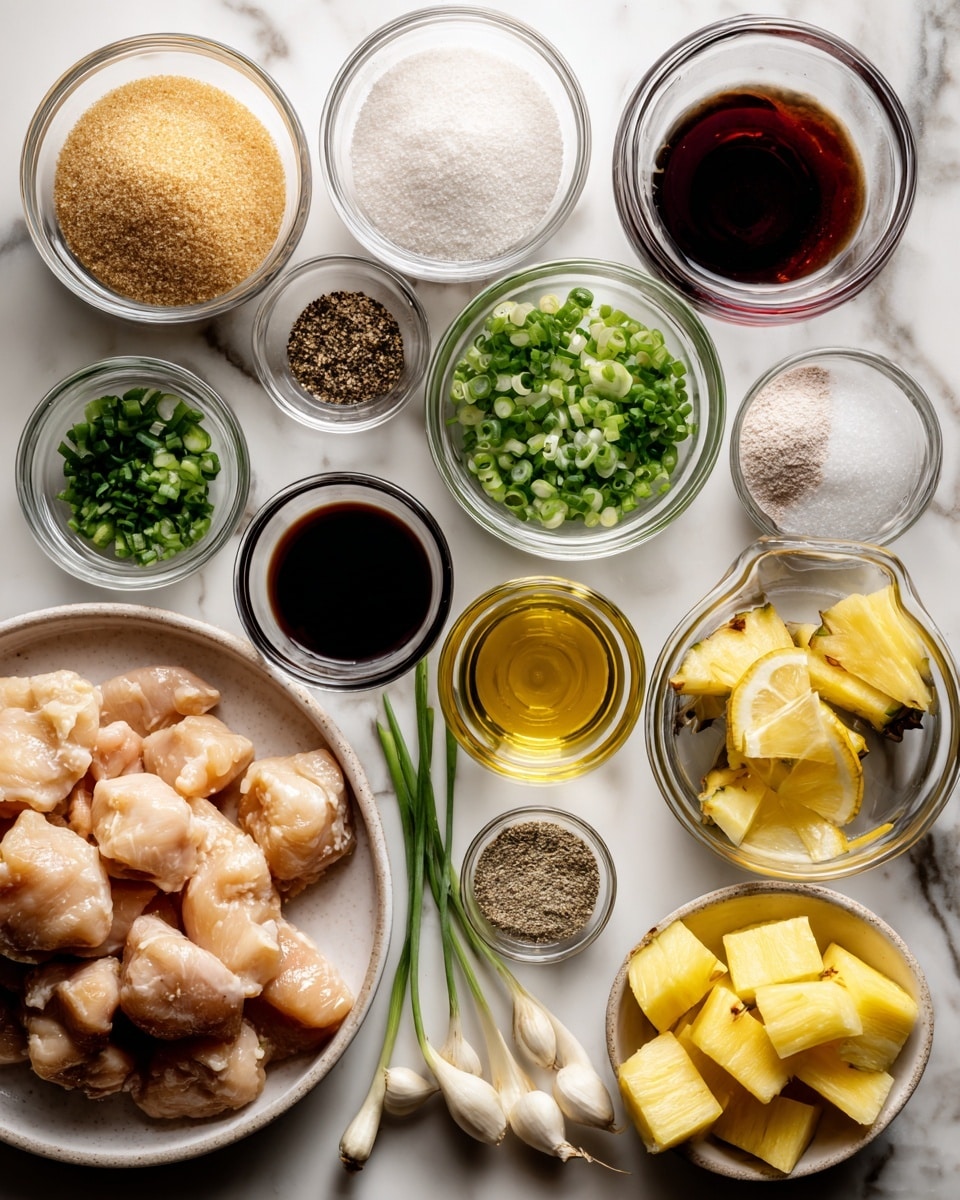 Top-down professional food photography, flat lay style, bright white marble countertop, neatly arranged, evenly spaced, tidy, clean organized layout, include: bowl of light brown sugar, bowl of kosher salt, bowl of ground ginger, bowl of freshly ground black pepper, bowl of thinly sliced green onions, glass measuring cup of olive oil, glass measuring cup of reduced sodium soy sauce, glass measuring cup of ketchup, glass measuring cup of lemon juice, plate of prepared chicken pieces, plate with fresh pineapple spears, bright soft natural lighting, sharp focus, high detail textures, realistic reflections, professional DSLR look, 4K, no finished dish, no cooked food, no hands, no text, no watermark, no brand logos --ar 4:5 --v 7