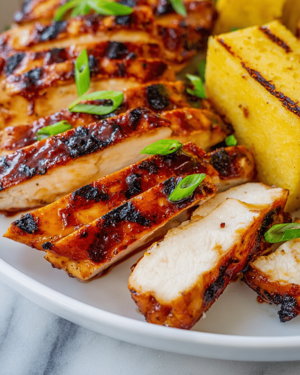 The image shows several slices of grilled chicken with a shiny, slightly charred, reddish-brown glaze on top, arranged close together on a white plate. The chicken has a firm, white interior with grill marks that add texture and contrast. Small pieces of green onion are scattered over the chicken slices, adding a touch of green color. Next to the chicken, there is a golden-yellow block of grilled polenta with visible grill lines and a lightly crispy texture. The plate sits on a white marbled surface. photo taken with an iphone --ar 4:5 --v 7