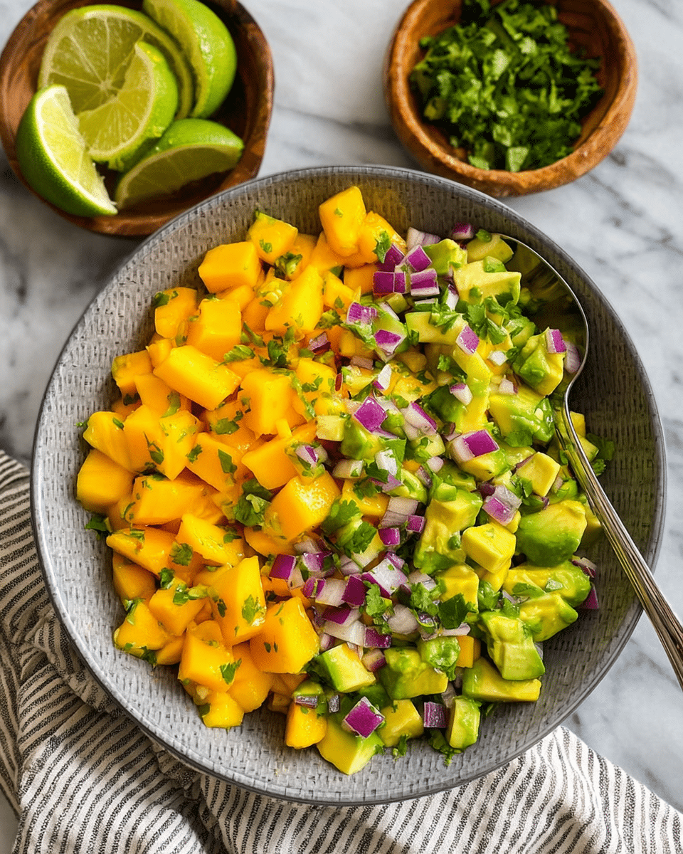 A top view of a bowl filled with a colorful mango avocado salsa showing three main layers: the bottom layer is bright yellow mango cubes, the middle layer is light green avocado pieces, and the top layer is sprinkled with finely chopped purple onions, green peppers, and fresh green cilantro bits mixed throughout. The bowl is gray and textured, placed on a white marbled surface with a silver spoon inside. Around the bowl, there are lime wedges in a small wooden bowl and on the surface. A striped cloth is partially visible under the bowl. Photo taken with an iphone --ar 4:5 --v 7