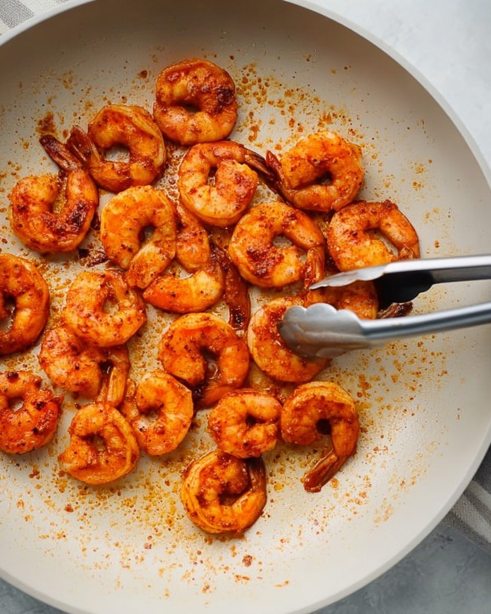 In a white frying pan on a white marbled surface, there are about 18 medium-sized cooked shrimp with a reddish-orange color from spices, some areas showing darker seasoning spots. The shrimp are spread mostly evenly but slightly overlap each other, showing a firm texture. A pair of silver tongs with black rubber tips holds a shrimp on the right side. The pan’s surface has some orange seasoning stains around the shrimp, adding texture to the scene. Photo taken with an iphone --ar 4:5 --v 7