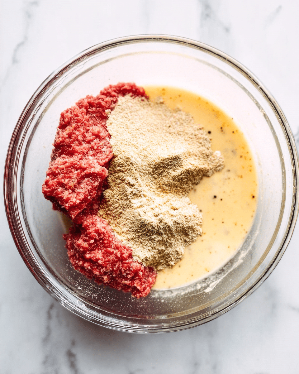 A clear glass bowl on a white marbled surface contains a mix of raw ground meat that is red and textured, a pile of beige powder, and a creamy yellow liquid with some small black specks. The ingredients are separated but close together inside the bowl, showing their different colors and textures clearly. photo taken with an iphone --ar 4:5 --v 7
