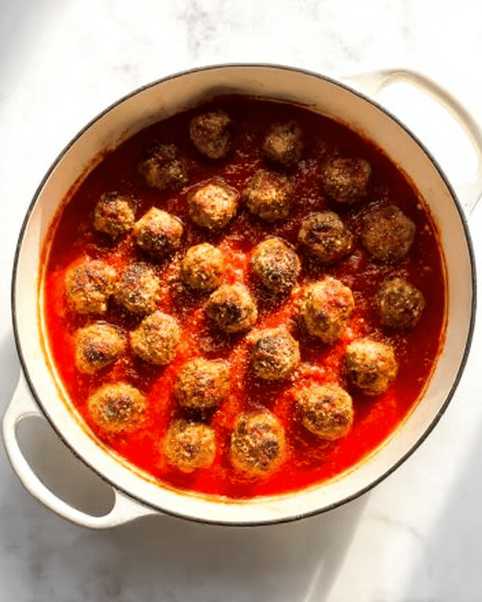 A white pot filled with a bright red tomato sauce as the base layer, smooth in texture and spread evenly inside the pot. On top, a layer of about twenty small, round meatballs with a browned, slightly crispy surface, arranged closely together covering the sauce almost fully. The pot sits on a white marbled surface in bright, natural light. photo taken with an iphone --ar 4:5 --v 7