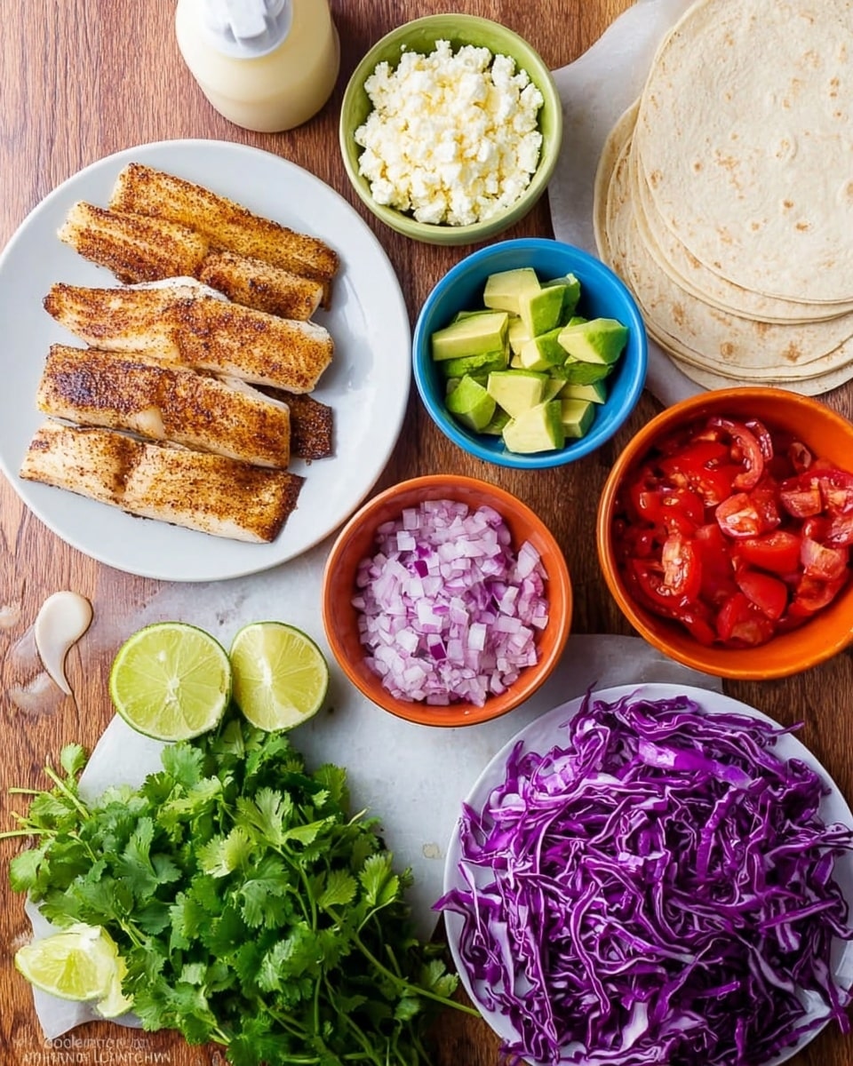 The image shows a wooden table with several bowls and ingredients spread around. On a white plate at the bottom left are five cooked, golden-brown fish fillets with a seasoned surface. To the top right of the plate is a pile of shredded purple cabbage with wavy edges. Next to the cabbage are small bowls with different items: green avocado pieces in a blue bowl, white crumbly cheese in an orange bowl, diced red onions in a green bowl, and chopped red tomatoes in a white bowl. A bunch of fresh green cilantro is placed between the cabbage and some soft white tortillas stacked on the right side. There are lime wedges near a white sauce bottle with a nozzle, all set on a white marbled surface. Photo taken with an iphone --ar 4:5 --v 7