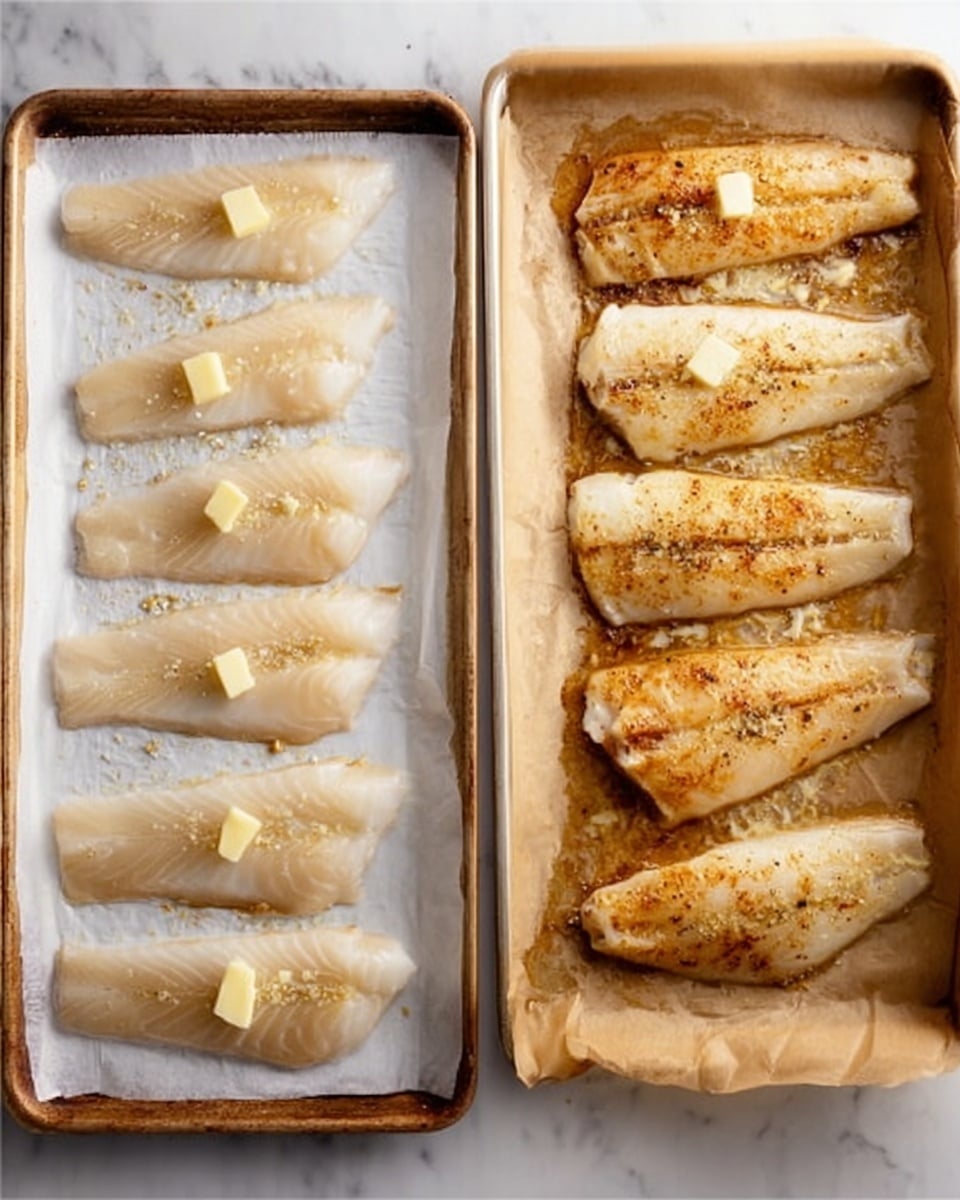The image shows two baking sheets side by side on a white marbled surface. The left tray holds seven raw fish fillets evenly spaced on white parchment paper, each topped with small slices of butter and sprinkled with light seasoning. The fish fillets are light beige with a smooth texture. The right tray shows seven cooked fish fillets on browned parchment paper, with a golden-brown color and some dark crispy edges from baking, each also topped with small slices of butter melting slightly on top. Photo taken with an iphone --ar 4:5 --v 7