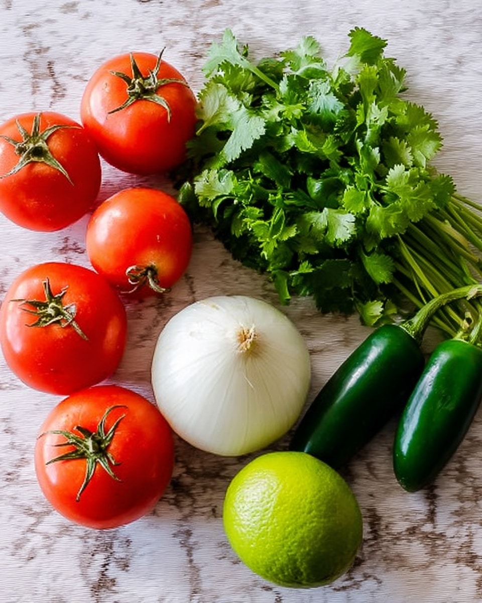 The image shows a group of fresh ingredients placed on a white marbled surface. There are five bright red tomatoes attached to green stems on the left side. Next to them is a half white onion facing upward, showing its layers. Above the onion, there is a bunch of leafy green cilantro with longer stems. To the right of the cilantro, there is a shiny dark green jalapeño pepper. On the bottom right, there is a whole light green lime with a smooth surface. photo taken with an iphone --ar 4:5 --v 7