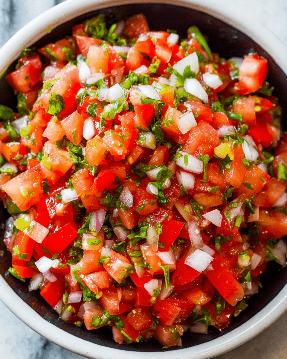 The image shows a close-up view of a bowl filled with fresh salsa. The salsa has three main layers of ingredients mixed together: diced red tomatoes with a juicy texture, small white onion pieces that add crunch, and chopped green cilantro leaves spread throughout. The salsa is held in a deep white bowl, placed on a white marbled surface. The bright colors of red, white, and green create a fresh and vibrant look. Photo taken with an iphone --ar 4:5 --v 7