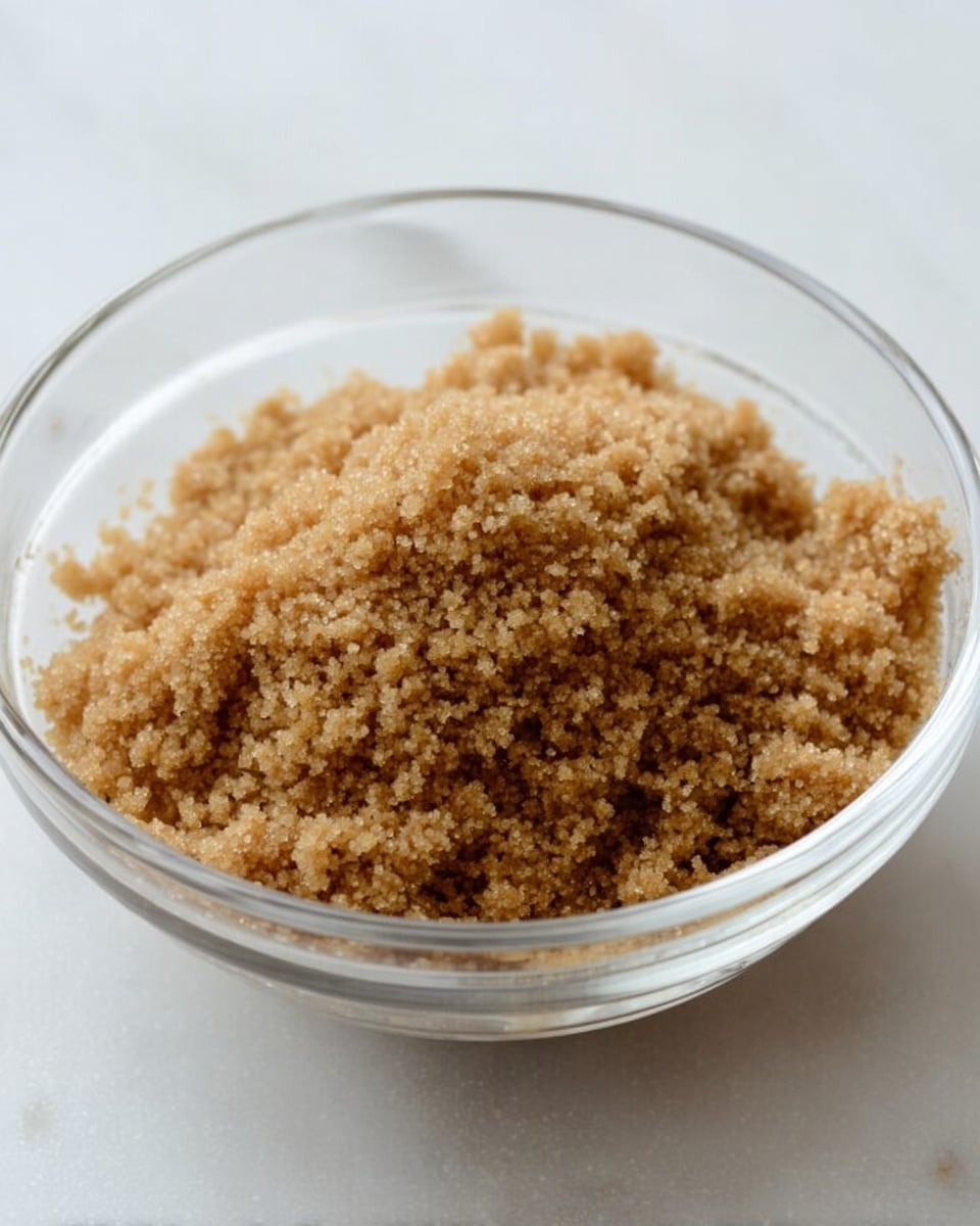 A clear glass bowl filled with a single layer of light brown, coarse crumbly sugar, uneven but spread across the bottom of the bowl, sitting on a white marbled surface. The texture looks grainy and dry with small clumps visible throughout. The background is soft and out of focus, emphasizing the bowl. Photo taken with an iphone --ar 4:5 --v 7