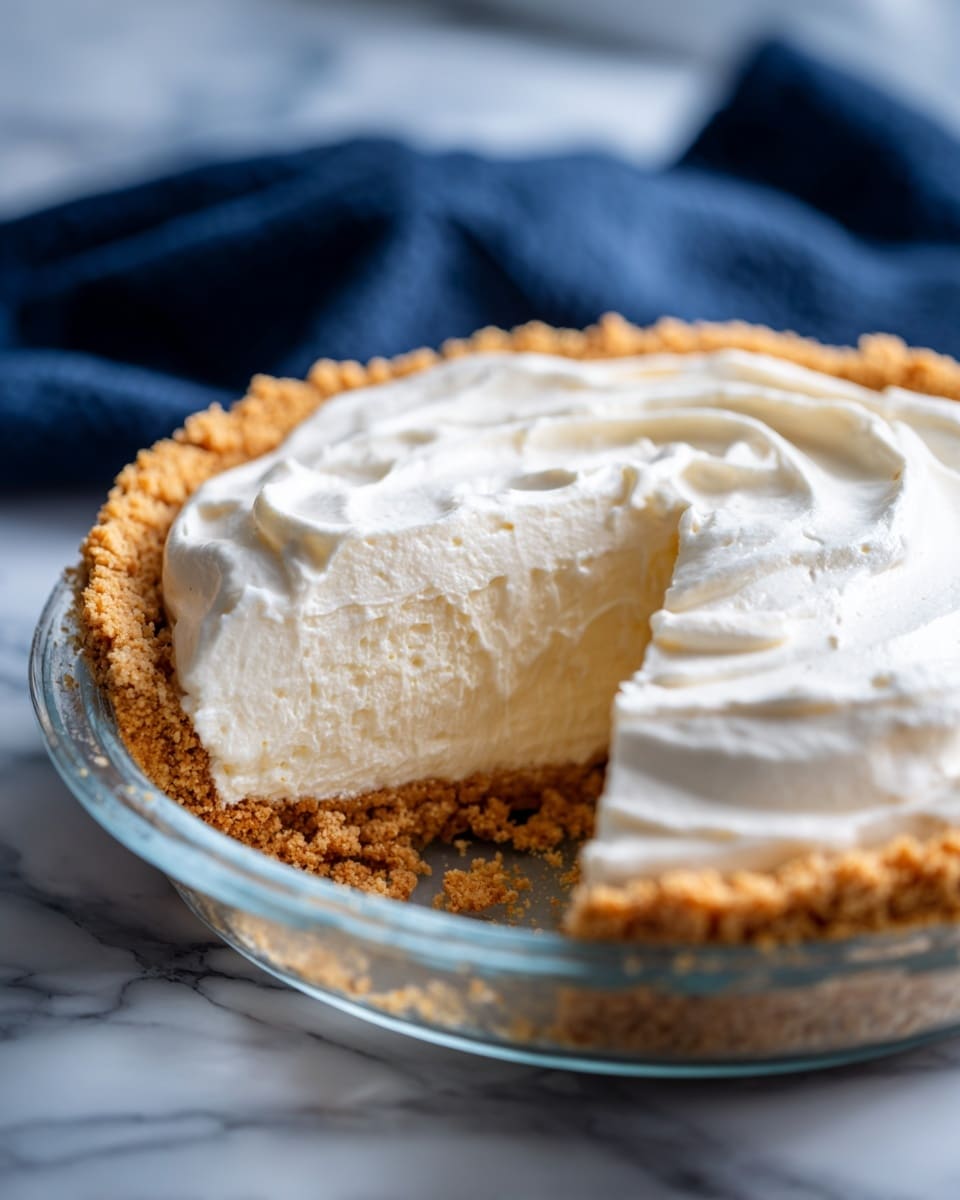 A clear glass pie dish holds a creamy white cheesecake with a thick, smooth top layer. This top layer is soft and fluffy with gentle swirled textures. It sits on a coarse, crumbled, light brown cookie crust that forms the base and rim inside the dish. A large slice has been taken out, showing the contrast between the bright white cream layer and the golden crust underneath. The dish is placed on a white marbled surface and a dark blue cloth is blurred in the background. Photo taken with an iphone --ar 4:5 --v 7