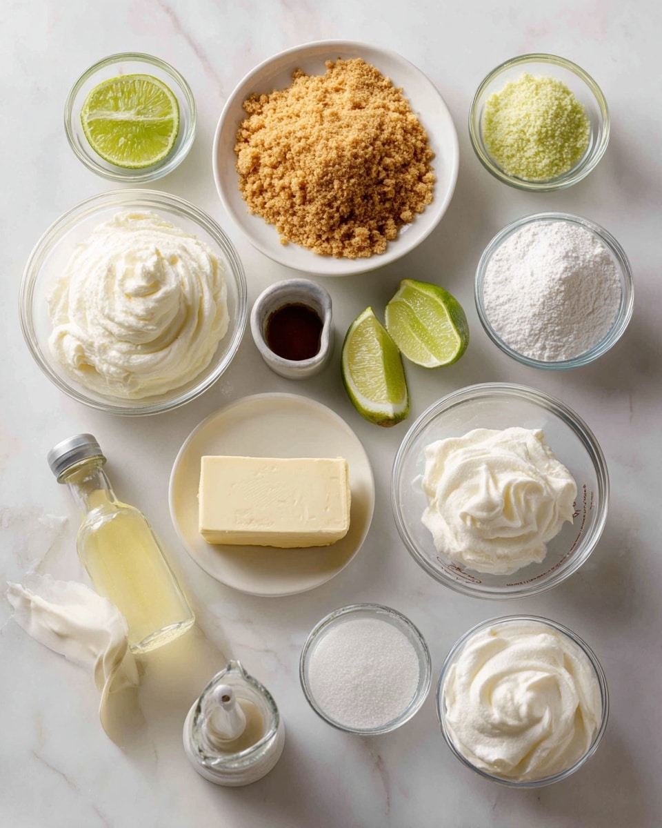 Top-down professional food photography, flat lay style, bright white marble countertop, neatly arranged, evenly spaced, tidy, clean organized layout, include: bowl of graham cracker crumbs, small plate of melted unsalted butter, three small bowls of full fat cream cheese (softened), small bowl of powdered sugar, small glass cup of key lime juice, small bowl of key lime zest, small bottle of vanilla flavoring, glass measuring cup of cold heavy whipping cream, small bowl of sweetened whipped cream, bright soft natural lighting, sharp focus, high detail textures, realistic reflections, professional DSLR look, 4K, no finished dish, no cooked food, no hands, no text, no watermark, no brand logos --ar 4:5 --v 7