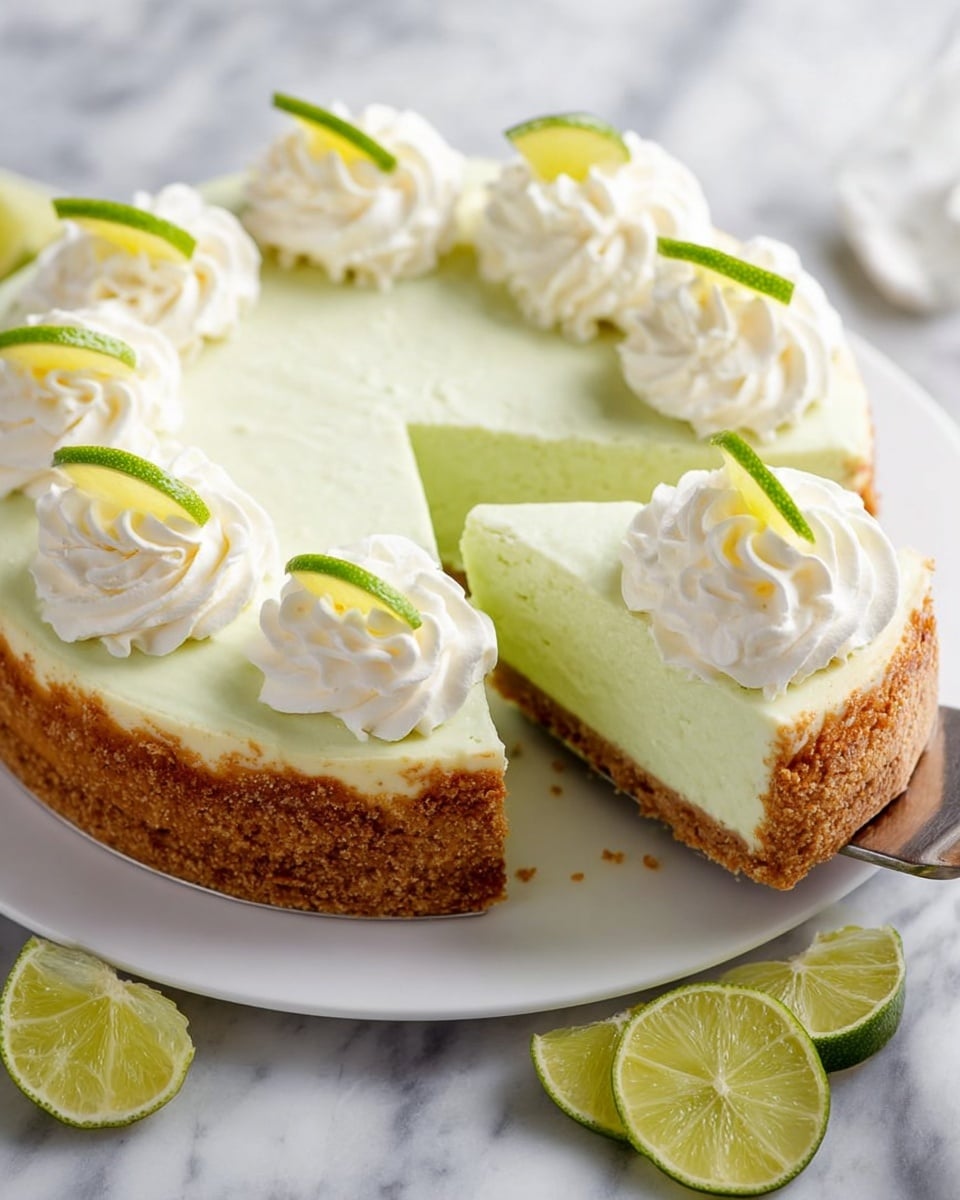 This image shows a lime cheesecake with three distinct layers on a white plate set on a white marbled surface. The bottom layer is a thick, textured golden-brown crust, the middle layer is a smooth, pale green cheesecake filling, and the top has swirls of white whipped cream evenly spaced along the edge. Each whipped cream swirl is topped with a small bright green wedge of lime. One slice is being lifted with a metal server, showing the clean cut through the layers, and there are halved and sliced limes placed around the plate on the marbled surface. Photo taken with an iphone --ar 4:5 --v 7