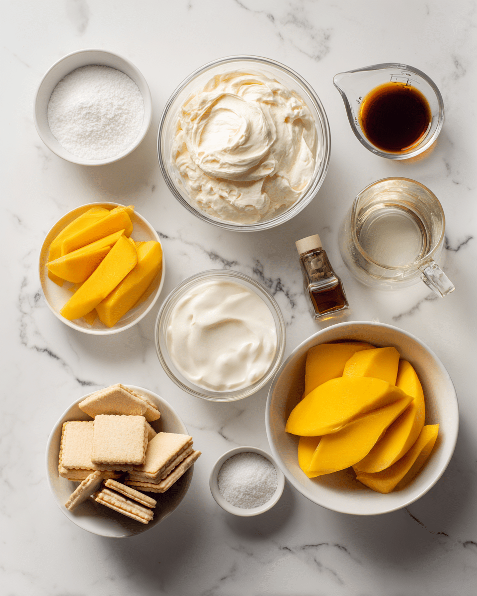 Top-down professional food photography flat lay style, bright white marble countertop, neatly arranged, evenly spaced, tidy, clean organized layout, include: medium bowl of mascarpone cheese, medium bowl of thickened cream, small bowl of caster sugar, small bowl of thinly sliced fresh mangoes, glass measuring cup of mango nectar, small bowl of Savoiardi biscuits, small bottle of vanilla essence, bright soft natural lighting, sharp focus, high detail textures, realistic reflections, professional DSLR look, 4K, no finished dish, no cooked food, no hands, no text, no watermark, no brand logos --ar 4:5 --v 7