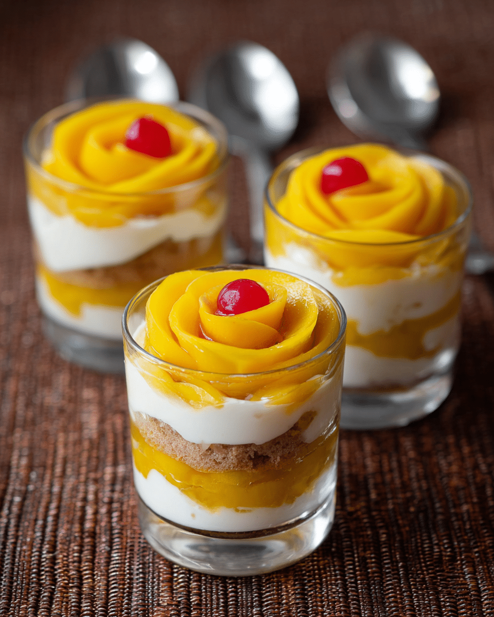Three clear glasses are filled with a dessert that has four layers. The bottom layer is white cream, smooth and thick. Above that is a layer of soft, light brown cake. Next is another layer of white cream. The top layer has thin, bright yellow mango slices shaped like a rose, with a small red cherry in the center. The glasses sit on a brown textured surface, with two silver spoons blurred in the background. Photo taken with an iphone --ar 4:5 --v 7