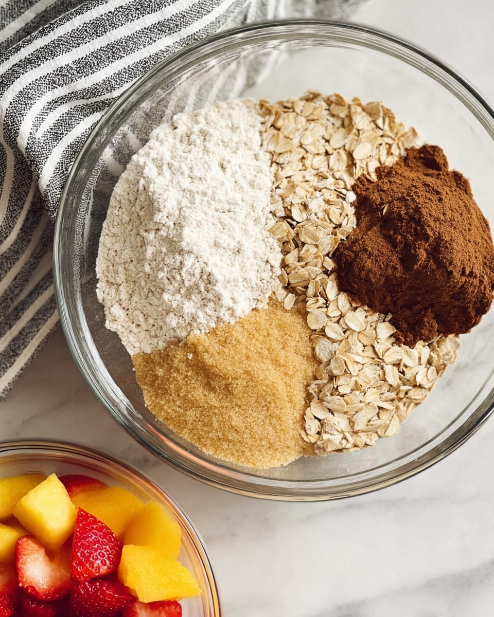 A clear glass bowl shows four layers of dry ingredients grouped separately: white flour on the top left, light brown soft sugar on the top right, rolled oats with a pale beige color on the bottom left, and cinnamon powder with a dark brown color slightly overlapping the sugar and flour. The bowl rests on a white marbled surface with part of a gray and white striped cloth visible on the top left. Below the glass bowl, another clear bowl containing vibrant red strawberry slices and bright yellow peach chunks is partially visible. Photo taken with an iphone --ar 4:5 --v 7