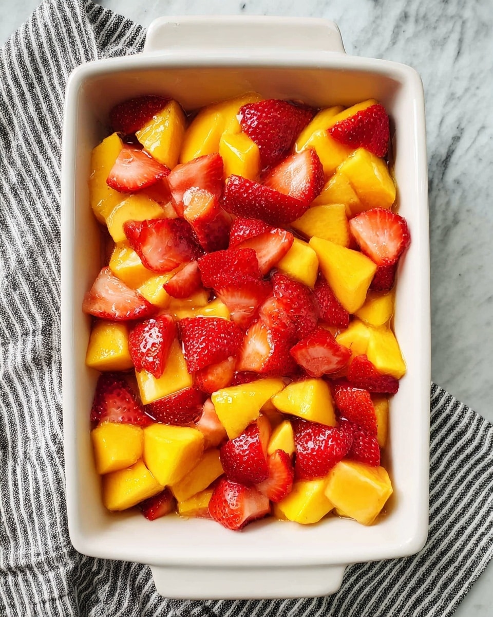 A white rectangular dish filled with two layers of chopped fresh fruits. The bottom layer is mostly yellow peach pieces with a soft, juicy texture, mixed evenly with bright red strawberry slices that have a glossy, slightly wet look. The dish is placed on a white marbled surface with a gray and white striped cloth on the right side. Photo taken with an iphone --ar 4:5 --v 7