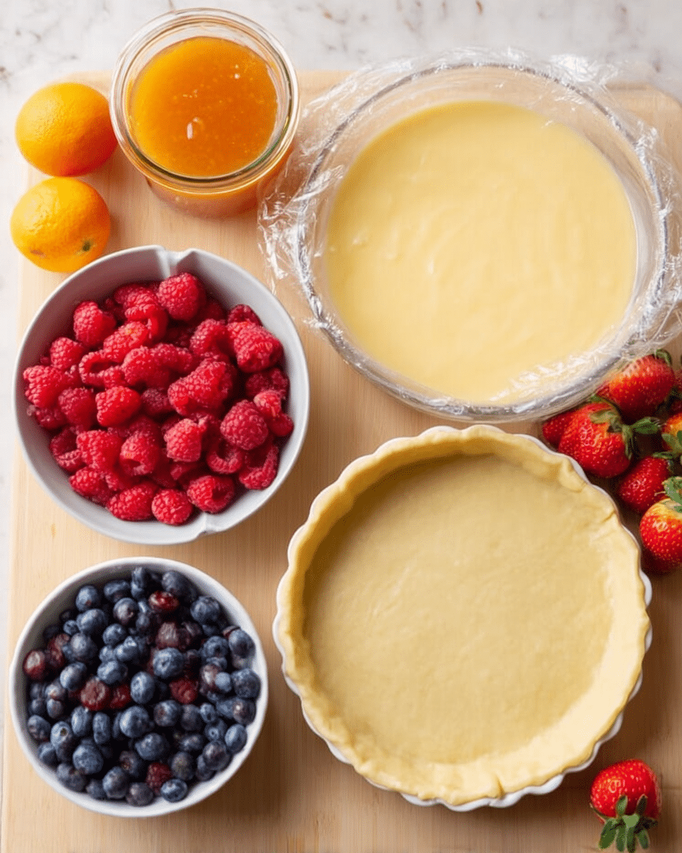 The image shows a wooden table with ingredients for a fruit tart. On the right side, there is a white pie dish with a smooth, uncooked dough crust pressed against the edges. Next to it on the left is a glass bowl covered with plastic wrap holding a pale yellow, smooth mixture. In front of these, three small bowls hold fresh fruits: bright red raspberries in a white bowl on the left, deep blue blueberries in a white bowl in the middle, and red strawberries with green tops in a white bowl on the right. Two small orange fruits sit next to the raspberries. A glass jar filled with orange-colored jam or sauce is placed in front of the tart shell. The whole scene is on a white marbled surface. photo taken with an iphone --ar 4:5 --v 7